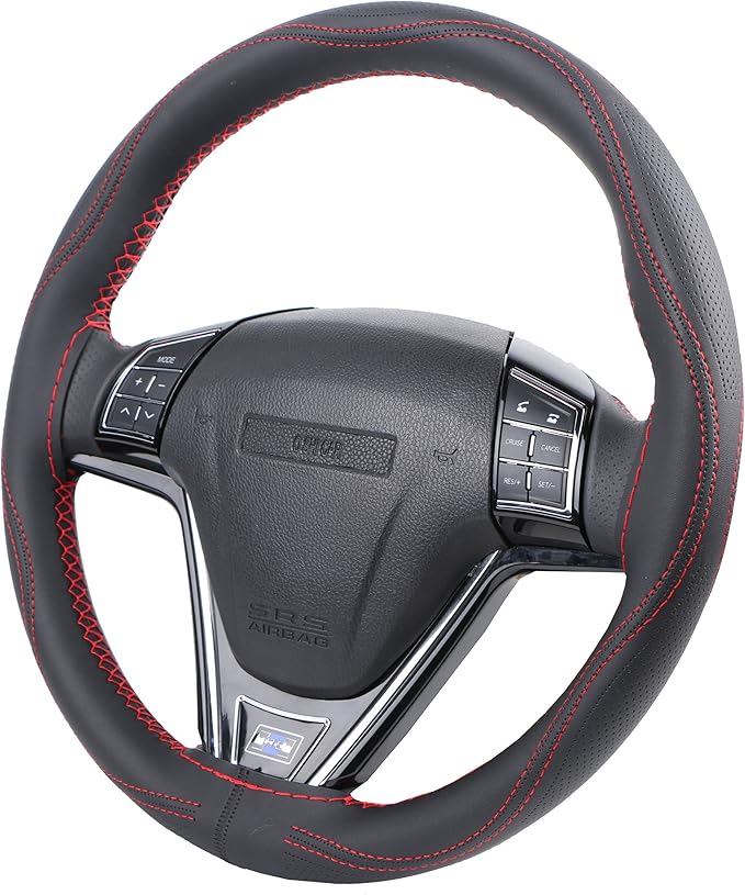 15 Inch Universal Micro Fiber Leather Car Steering Wheel Cover Stitch On Wrap with Needle & Thread Anti-Slip Auto Steering Cover for Woman DIY Red Line