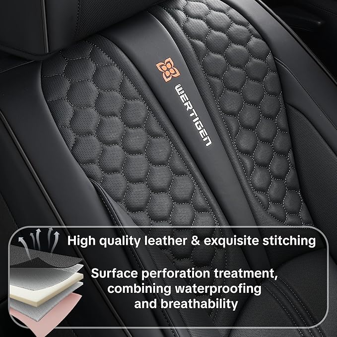 Black Leather Car Seat Covers - Luxury Waterproof Car Seat Covers with Lumbar Support, Non-Slip Base, and Airbag Compatibility; Suitable for Sedans, Suvs, and Pickups.
