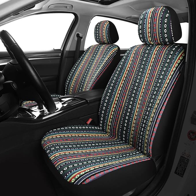 Pariitadin Baja Saddle Blanket Car Seat Covers Front Set with Seat Belt Pads, Washable Breathable Striped Woven Cloth Seat Covers for Cars, Universal Fit Most Cars, Airbag Compatible, Red/Blue