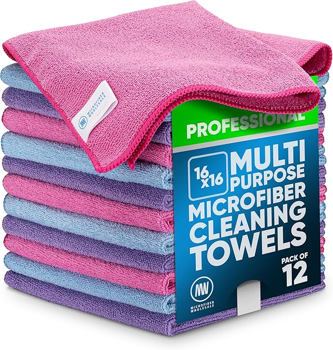 MW Pro Microfiber Cleaning Cloth |Pink, Purple, Blue (12 Pack) | Size 16" x 16" Multi Surface Microfiber Towels