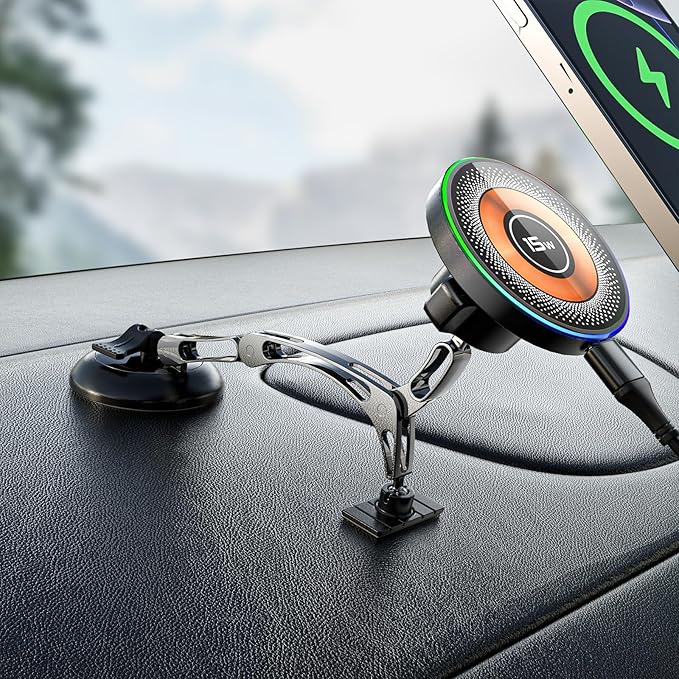MagSafe Car Mount Charger, 2 in 1 Magnetic Phone Holders for Car, 15W Fast Charging Mag Safe Car Charger Stick on Dashboard Windshield, Car Accessories for iPhone 17/16/15/14/13/12 Series