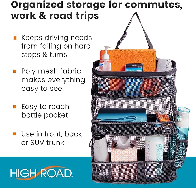 High Road Car Storage and Organization Caddy - SUV Trunk Organizer, Passenger Seat Organizer or Back Seat Storage Caddy With 3 Easy-View Mesh Bins