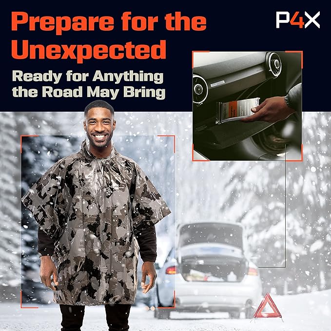 PREPARED4X Emergency Mylar Poncho – Survival Rain Poncho with Hood – Lightweight, Compact, Reusable Emergency Blanket Poncho for Hiking, Camping, Thermal Gear, Car Kit, Outdoors