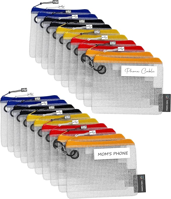 20 - USB Cable Organizer Pouches, Manage Cables, Travel Cable Oranizer, Color Coded with USB Zipper Pulls