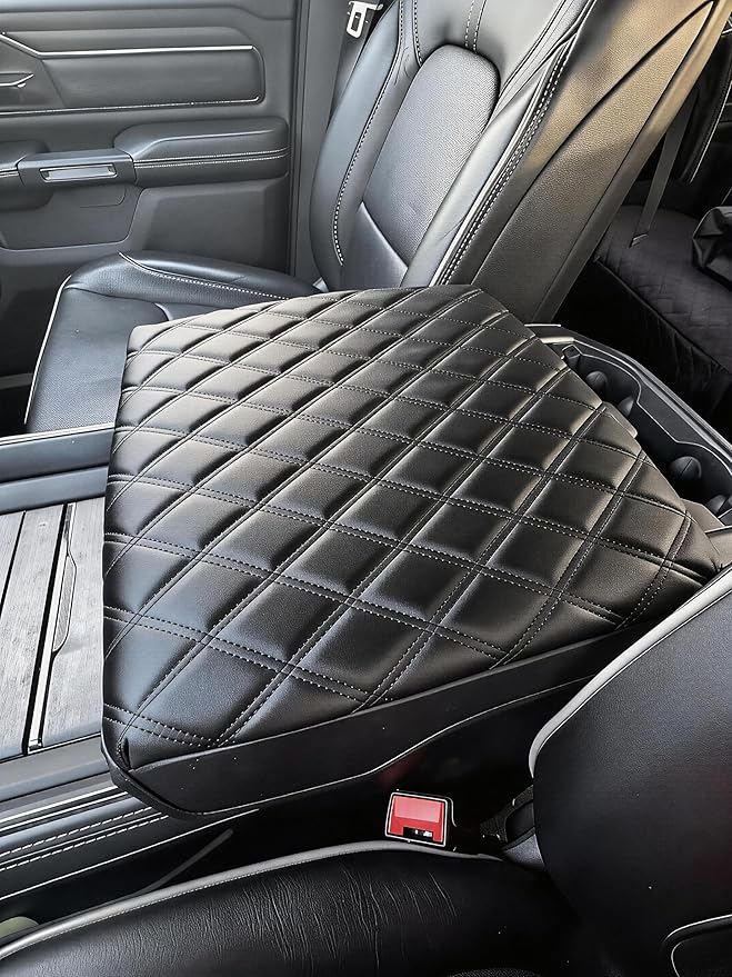 Center Console Armrest Cover for 2019-2026 Dodge Ram 1500 2500 3500 Accessories, Vinyl Leather Middle Console Cover Cushion Pad, Black(Fits Bucket Seat Only)