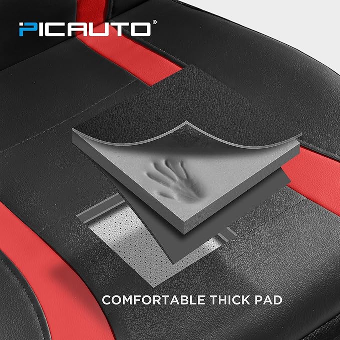 PIC AUTO Leather Car Seat Covers, Premium Automotive Waterproof Two Front Bucket Seat Protectors, Black and Red PVC Patchwork, Fits Cars, Trucks, Vans, SUVs, Airbag Compatible