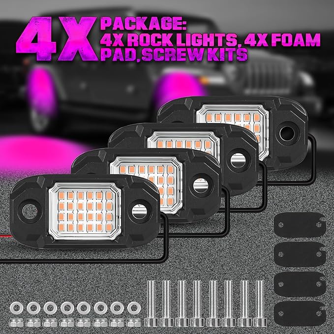 4 Pods Purple Rock Lights 24 LEDs Chips Waterproof Neon Trail Rig Lamp Underglow Light for Car Truck Motorcycle SUV ATV UTV
