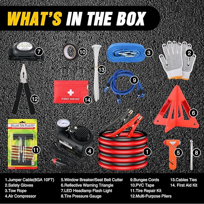 Nilight Car Emergency Kit with Jumper Cable Air Compressor Tire Repair Essential Tools First Aid Alligator Connector Electrical Kit for Travel Camping Outdoor Cars Truck SUV RV