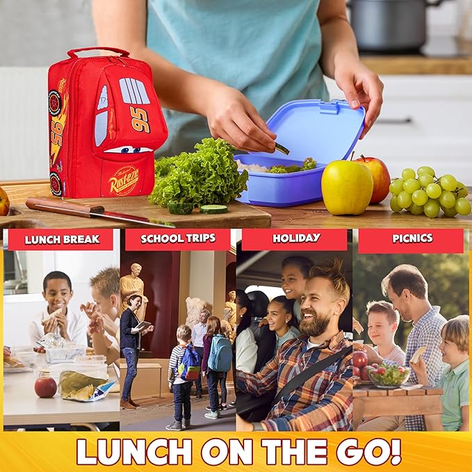 Disney Cars Lunch Bag for Kids Lightning McQueen Car Shaped Lunch Cooler Bag with Mesh Pocket Name Tag for School Snacks Travel Gifts for Kids