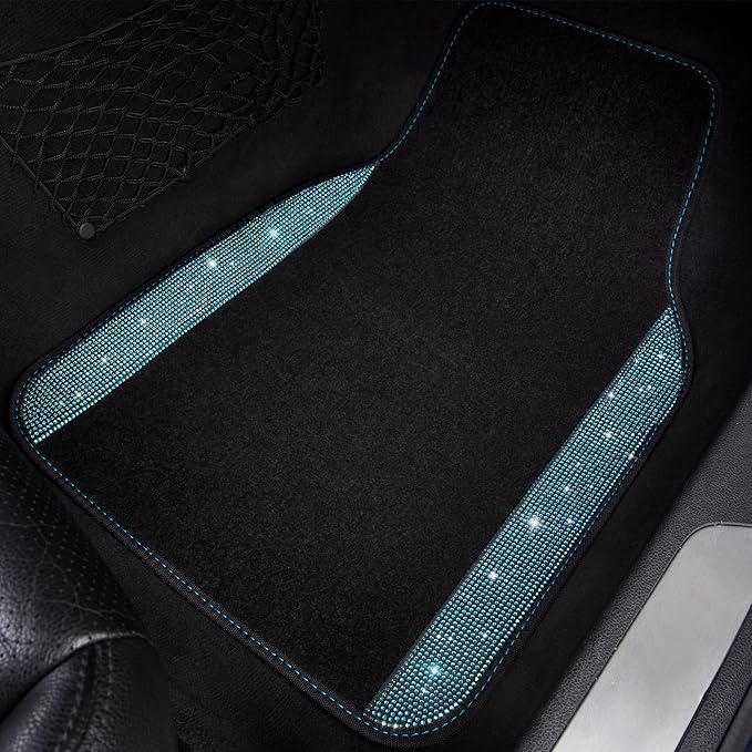 CAR PASS Bling Rhinestones Diamond Waterproof Car Floor Mat, Crystal Sparkly Shining Glitter Carpet, Anti-Slip PVC Heel Pad Universal for Interior Auto SUV,Sedan,Van,4pcs Girly Women Mint Teal Diamond