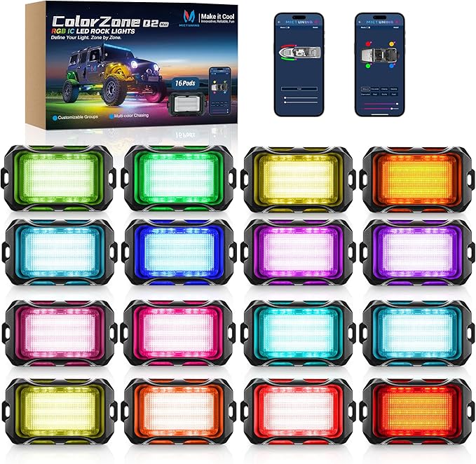 MICTUNING Q2+ MAX RGB+IC Rock Lights - 16 Pods Multi-Color DIY Effect Underglow Neon Kit, Individual Group Control, APP Music Sync, IP68 Waterproof