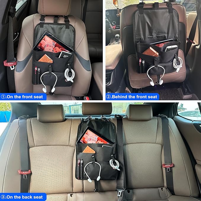 Black Car Seat Organizer, Multi-Pocket Storage, Headrest Hooks Mount, Vehicle Backseat Organizer,with a detachable small storage bag.