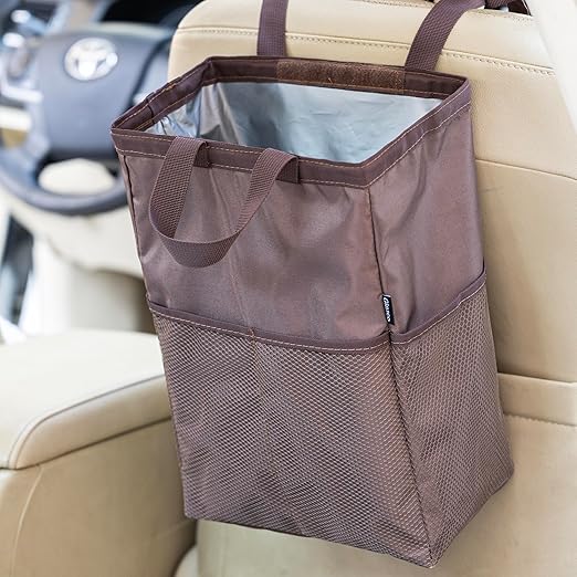 Ginsco New Leak-Proof Travel Car Trash Bag, 3.5 Gallons Large Capacity Hanging Car Trash Can with Hook and Loop Lid and Handle, Multipurpose Trash Bin with Storage Pockets for SUV RV Camping (Brown)
