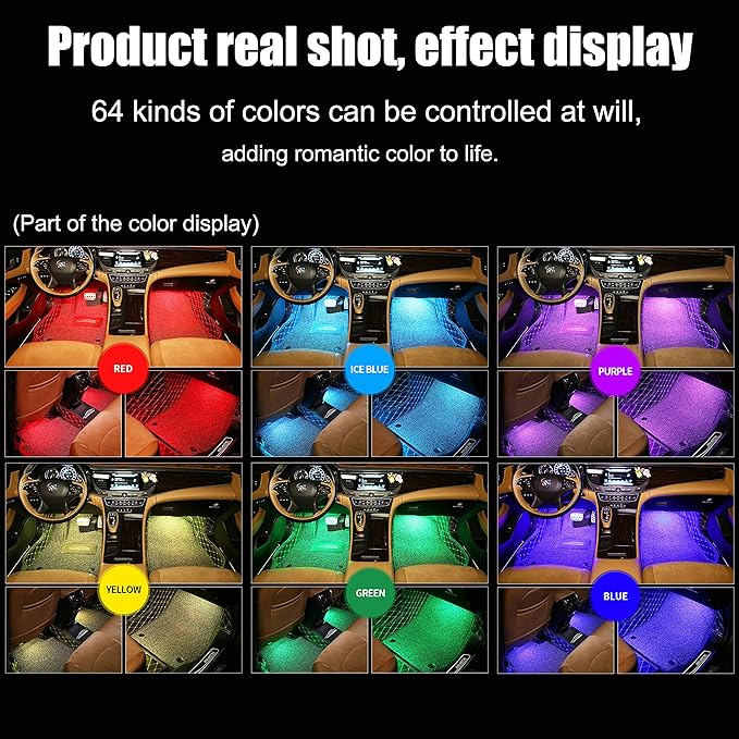 Car Footwell Atmosphere Light Kit RGB Multicolor Sound Active Music Sync Memory Function Bluetooth APP Control 64 Colors USB Car Interior Ambient Lighting Kit DC 12V