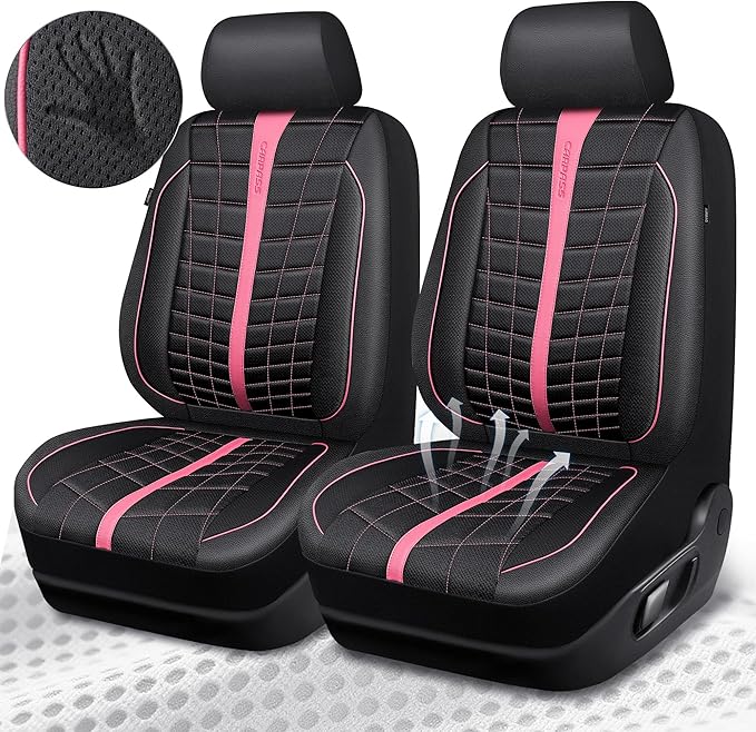CAR PASS 3D Air Mesh Seat Covers for Car, Leather Car Seat Cover Front Seats, Breathable Foam Premium Leather Mesh Front Seat Covers Universal Fit for Cars Sedans Trucks Vans SUVs, Black Pink