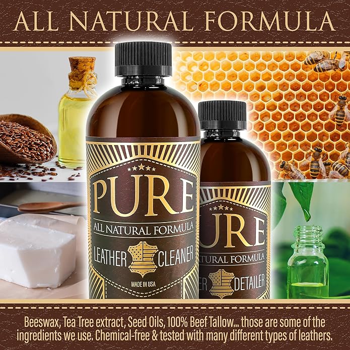 Leather Cleaner, Conditioner and Detailer Kit - Natural Beeswax Formula for Car Seat, Couch, Furniture, Purse, Boots & Jackets - Auto Interior Detailing Set - Made in USA (Combined Kit)