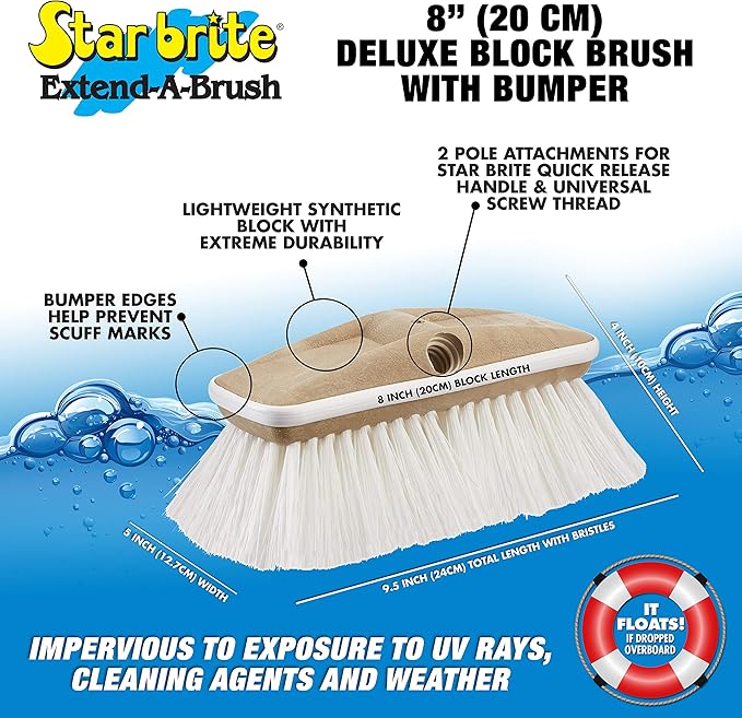 STAR BRITE Premium Stiff Bristle 8" Brush Head W/Bumper - Dual Connections Fit Either Standard 3/4" Threaded Poles or Extend-A-Brush Handles (Coarse) (White) (040163)