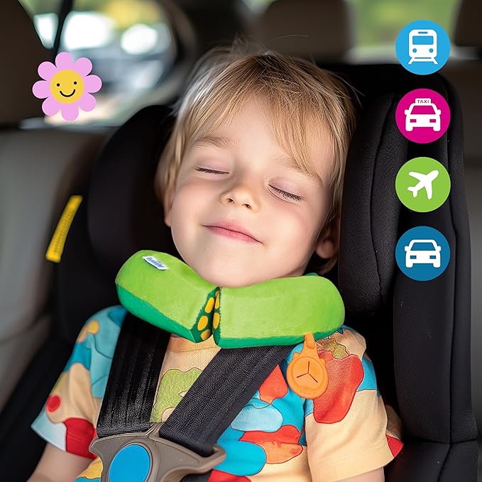 Trunki Kid's Travel Neck Pillow and Chin Rest | Support Sleepy Heads in The Car Seat, Plane, Bike or Pram | Yondi Small Dudley Dinosaur (Green)