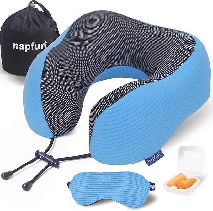 napfun Neck Pillow for Traveling, Upgraded Travel Neck Pillow for Airplane 100% Pure Memory Foam Travel Pillow for Flight Headrest Sleep, Portable Plane Accessories, Sky Blue Striped Kit