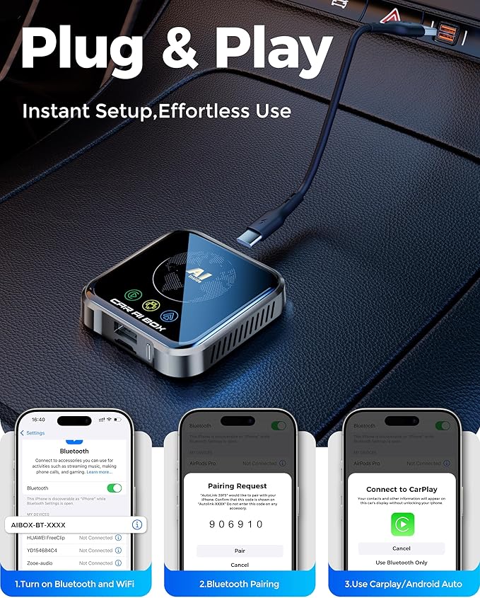 Magic AI Box Wireless CarPlay Adapter, Fast Car Video Box Plug & Play, Easy Setup, Supports Netflix/YouTube/TF Card Streaming Equalizers and More for OEM Wired CarPlay/Android Auto Cars (Glossy Black)
