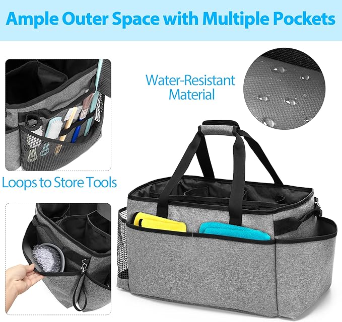 HODRANT Extra-Large Cleaning Caddy, Organizer with Handles for Cleaning Tools & Products Storage, Large Capacity Tote Bag for Car, Home & Housekeeping Work, Gray