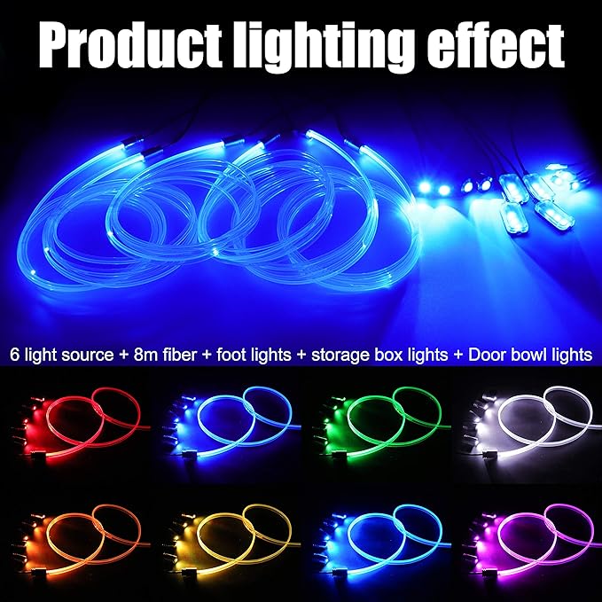 Car Interior Ambient Lighting Optic Fiber RGB 64 Colors Multicoloured Music Car Footwell Lighting Kit with Cigarette Lighter and App Microphone, DC 12V-24V 1W 8m