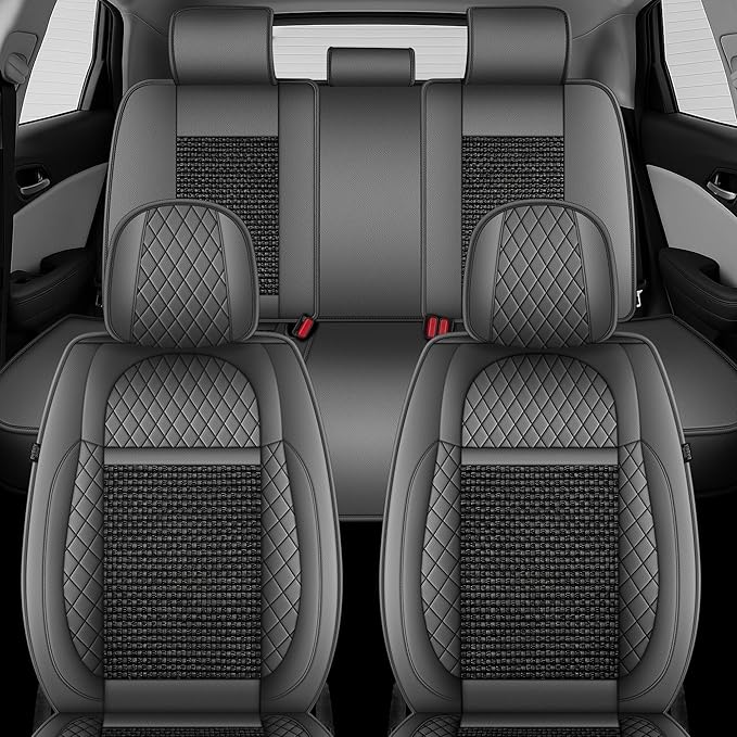 TTX LIGHTING for Toyota Venza 2009-2020 Car Seat Covers, Breathable Ice Silk & Leather Seat Protector, Cool & Anti-Sweat for Long Driving, Airbag Compatible, 5 Seats Full Set (Black&Gray)