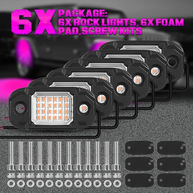 6Pods LED Rock Lights Purple 24 LEDs Chips Neon Trail Rig Lamp Underglow Light for Cars Trucks SUV ATV UTV