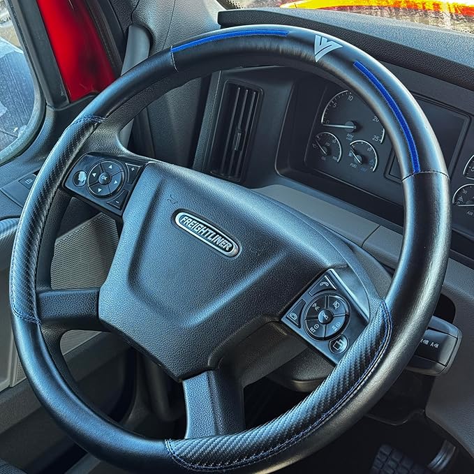 18-Inch Genuine Leather Steering Wheel Cover for Semi Trucks – Black with Blue Stripes, Universal Fit Heavy-Duty Non-Slip Grip, Comfortable Control, Easy Installation