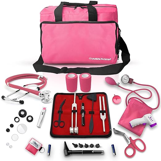 ASA Techmed Nurse Starter Kit - Stethoscope, Blood Pressure Monitor, Tuning Forks, and More - 18 Pieces Total (Pink)