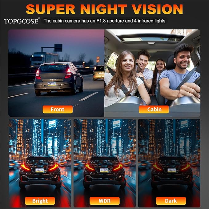 360 Degree View 4 Channel Dash Cam Front and Rear Inside Left Right, TOPGOOSE Dash Camera for Cars FHD 1080P,Free 64GB Card,Multi-Ch Dash Camera for Cars,Black Box Trafflc Recorder,G-Sensor
