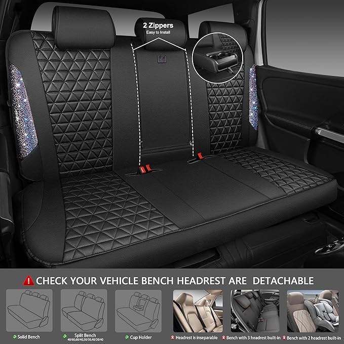 CAR PASS Bling Diamond Black Leather Car Seat Covers Full Set Interior Sets, Waterproof Shining Glitter Sparkly Crystal Armrest Fit Automotive Truck SUV Cute Women Girl, Bedazzed Iridescent Rhinestone