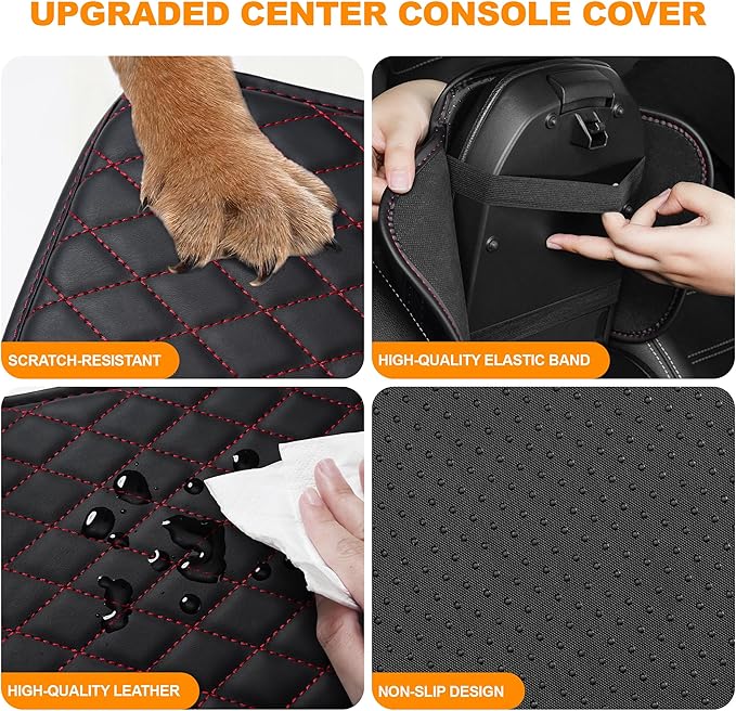 Center Console Cover for Cars Fit for Jeep Grand Cherokee Leather Armrest Covers with 2 Storage Bags(Black&Red)