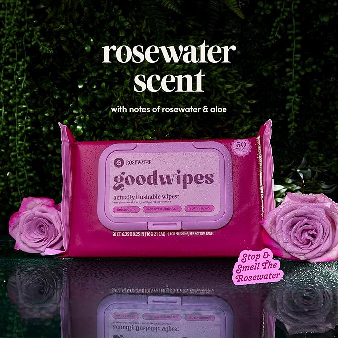 goodwipes Flushable Butt Wipes - Extra Large Adult Wet Wipes For Women & Men - Bathroom Essentials - Sewer & Septic Safe - Rosewater, 418 Count (8 Packs + 1 Travel)