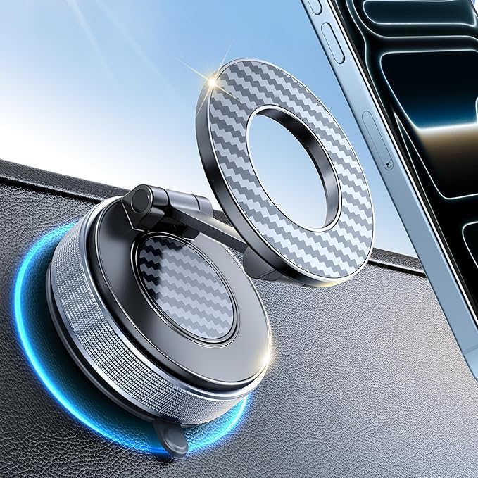 Car Phone Holder for Magsafe, Suction Cup Phone Mount 360° Adjustable Vacuum Magnetic Phone Holder, Cell Phone Holders for Your Car Compatible with iPhone 17 Pro Max 16 15 14 13 12 (Carbon Fiber)