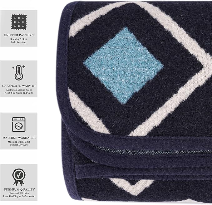 PuTian Merino Wool Blanket - 51" x 63" Thick Warm Soft Twin Wool Throw - Great for Bed, Camping, Outdoor, Car, Pets, Travel, Blue Check
