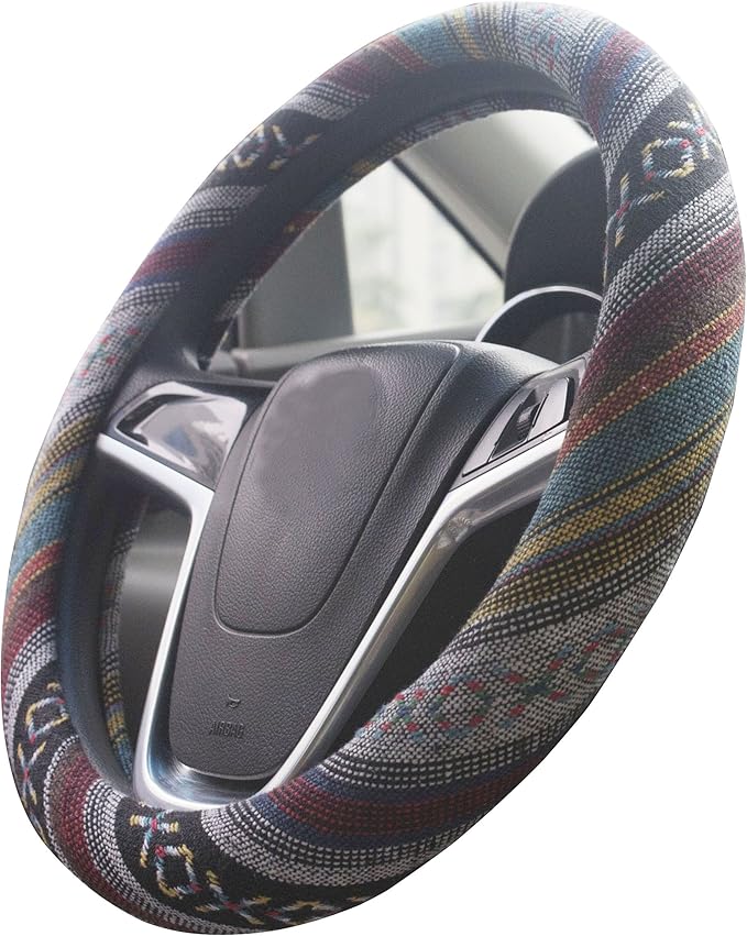Small Ethnic Style Coarse Flax Cloth Automotive Steering Wheel Cover Anti Slip and Sweat Absorption Auto Car Wrap Cover (14''-14.25, E)