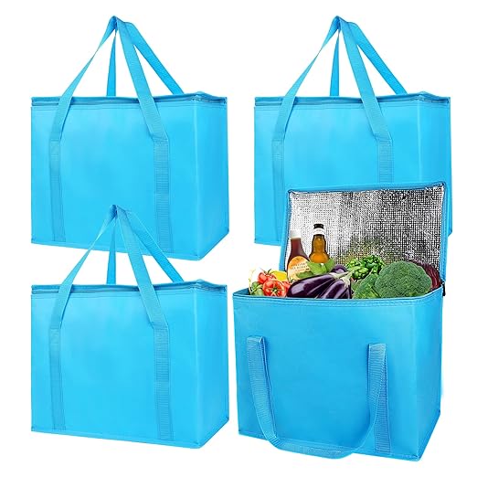 musbus 4-Pack, Large Insulated Grocery shopping bag, Blue, reusable bags,zipper,Collapsible,tote,cooler,for men women,for instacart,leakproof,soft,Recycled Materia