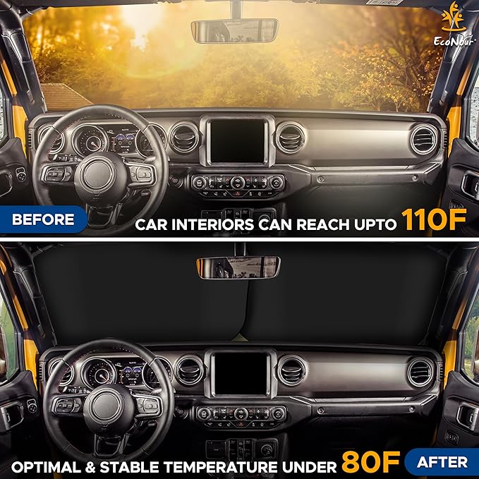 EcoNour 2-Piece Windshield Sun Shade for Jeep, Foldable Jeep Wrangler Sun Shade, Jeep Gladiator Sun Shade, Fits Jeep Wrangler JL JLU 2018-2025, Jeep Gladiator 2020-2025, Keeps Car Interior Cooler