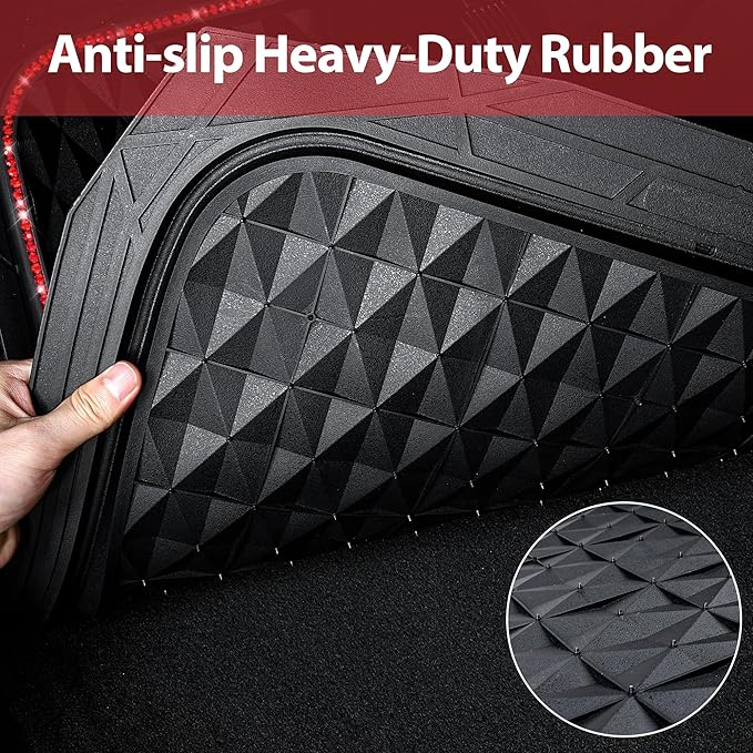 CAR PASS Bling Diamond Rubber Car Mats, Heavy Duty Deep Dish All-Weather Floor Mat Full Set Anti-Slip 3D Rhombus Waterproof Trim to Fit Liner Universal Glitter Sparkly Shining Rhinestone, 3 Pcs Red