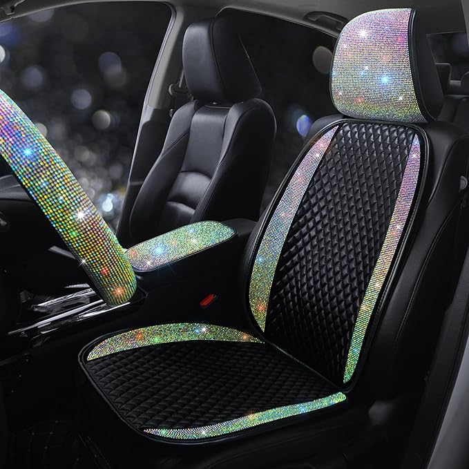 Bling Crystal Diamond Sparkly Glitter Car Seat Cover Premium PU Front Seat Protector Pad Works with 95% of Vehicles Bling Bling Rhinestones Auto Interior Accessories Color 1 Seat