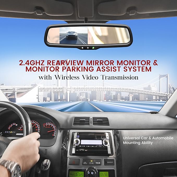 Wireless Backup Rear View Camera - Waterproof License Plate Car Parking Rearview Reverse Safety/Vehicle Monitor System w/ 4.3” Mirror Video LCD, Distance Scale Lines, Night Vision - Pyle PLCM4590WIR