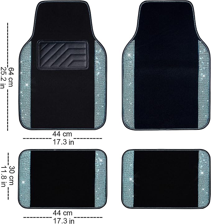 CAR PASS Bling Rhinestones Diamond Waterproof Car Floor Mat, Crystal Sparkly Shining Glitter Carpet, Anti-Slip PVC Heel Pad Universal for Interior Auto SUV,Sedan,Van,4pcs Girly Women Mint Teal Diamond
