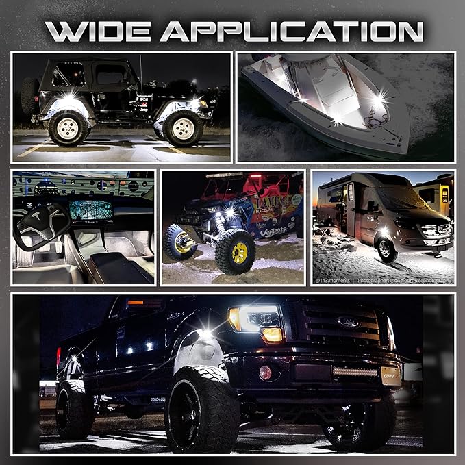 OPT7 Photon Pure White LED Magnetic Rock Lights - 8 Pods w/Magnet Mounts - Wide Angle Underglow Lighting Kit, IP68 Waterproof for Offroad Jeep RZR ATV UTV SUV - Truck Decorations