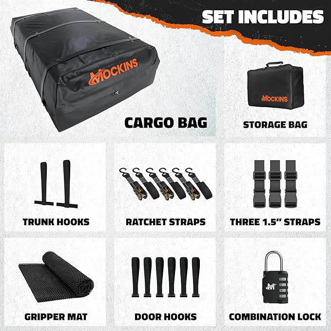 Mockins 40 CuFt XXL Roof Bag Cargo Carrier for Top of Vehicle | 72"x48"x20" Waterproof Vinyl Rooftop Cargo Carrier Bag | Secure Vehicle Soft-Shell Carriers for Car, Truck, SUV, Van, RV w/Accessories