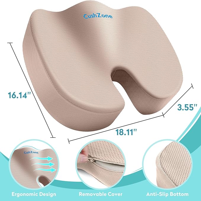 Office Chair Seat Cushion, Cooling Gel Enhanced Memory Foam Cushion for Long Sitting - Back, Sciatica, Coccyx, Tailbone Pain Relief Pillow - for Office, Gaming, Car, Wheelchair - Khaki, X-Large