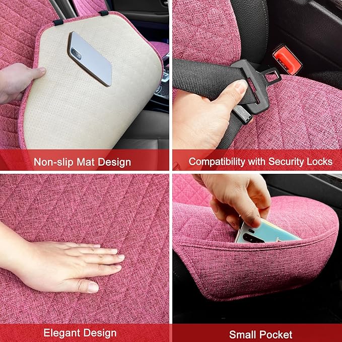 Linen Car Seat Cover - Non-Slip & Breathable - Universal Fit for Cars, Vans, SUVs, Trucks - 2 Units - Pink