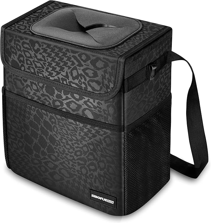 SIBOFUEGO Sturdy 3 Gallon Car Trash Can - Ultra Large Capacity, Leak Proof, Waterproof Car Organizer and Storage with Pockets and Adjustable Straps, Collapsible Interior Car Accessory (Black Leopard)