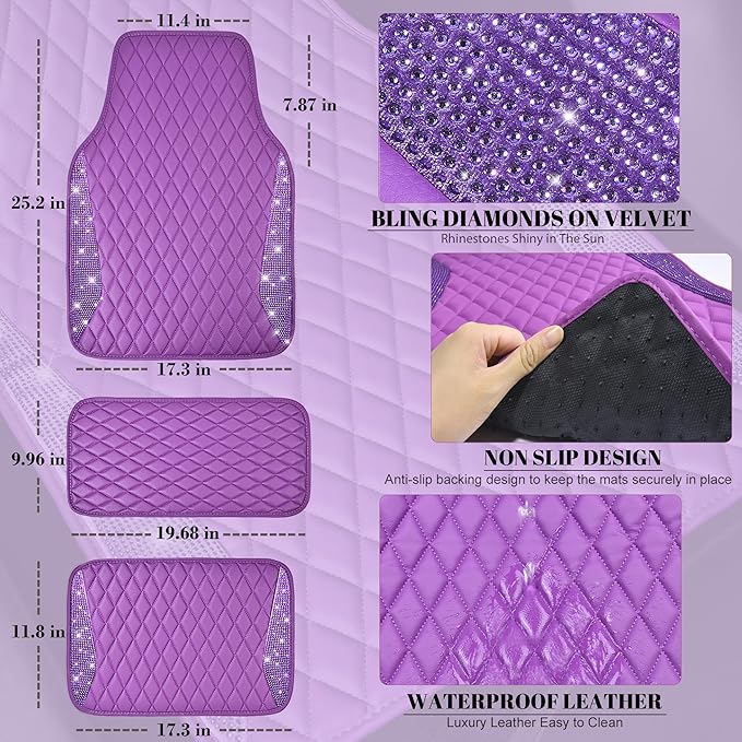 CAR PASS Bling Leather Car Mats Shining Diamond Floor Mats Crystal Rhinestone Sparkly Glitter Carpet Anti-Slip Waterproof Pad Universal Fit for Automotive SUV, Sedan, Van, 5pcs Girl Women, Purple