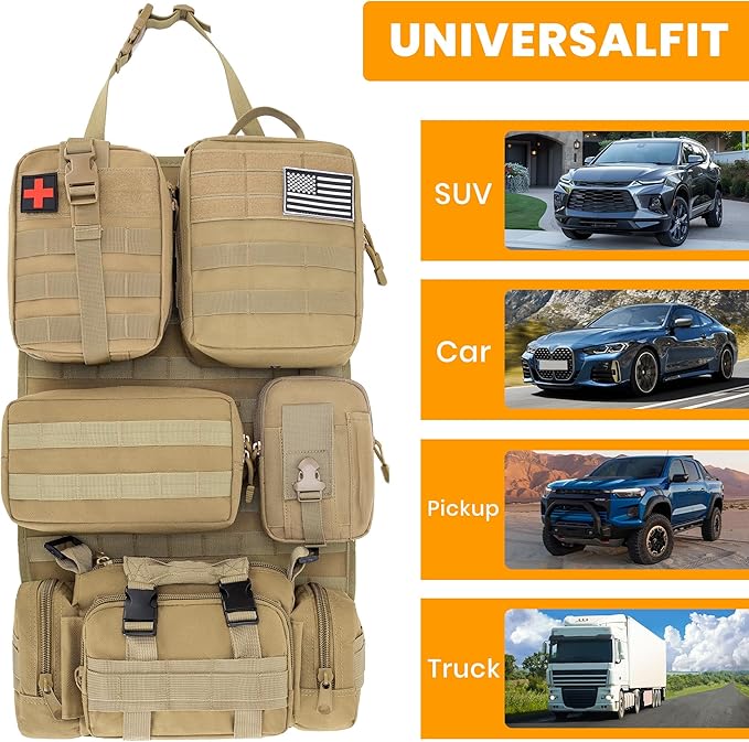 6 Pack Tactical MOLLE Car Seat Back Organizer - Universal Vehicle Storage Bag with 5 Detachable MOLLE Pouches, US Flag Patch, Fits Jeep, Truck, SUV, Car, Ford, Chevy, Toyota, Honda (KHAKI)